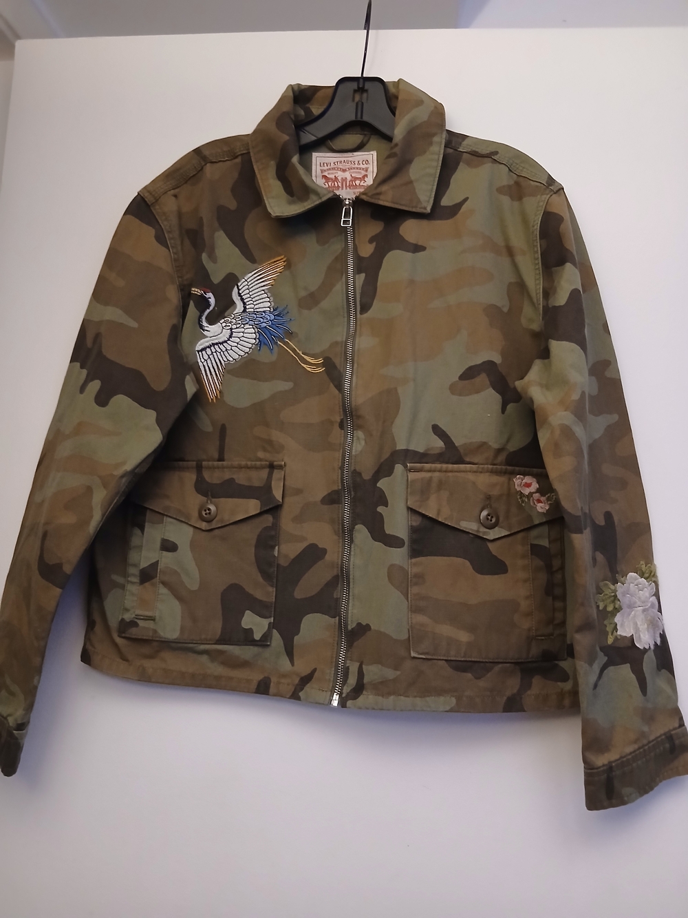 Camo Jean Jacket with Embroidered Crane - Green Camo
